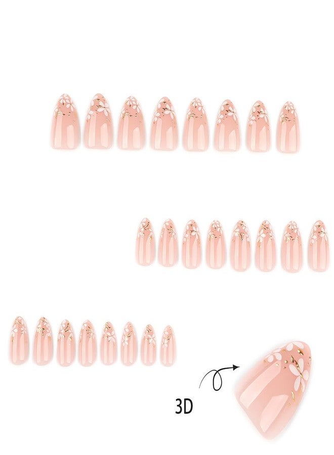 RikView Short Press on Nails Almond Fake Nails White & Pink Nails with Petal Design Glossy Full Cover Nails for Women 24 PCs/Set - Image 4
